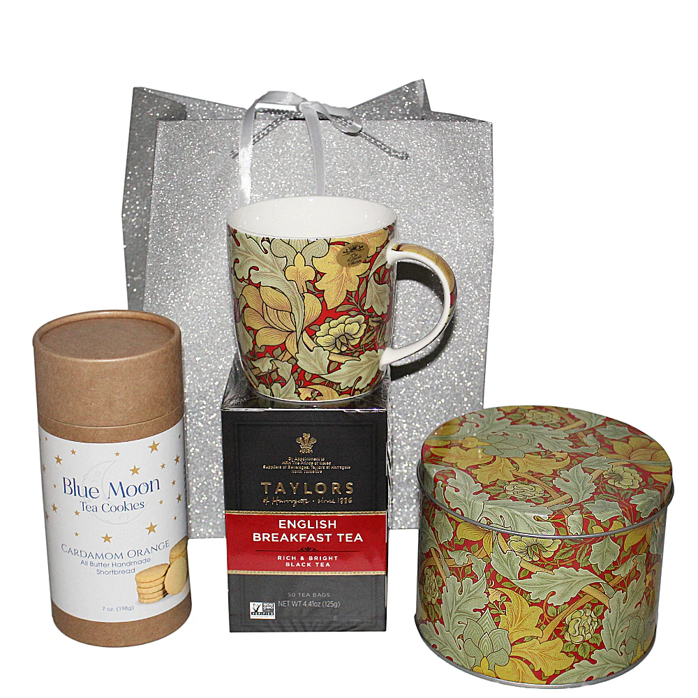 Tea & Cookie Gift - William Morris Red & Gold Leaf Tea Cup Gift Set